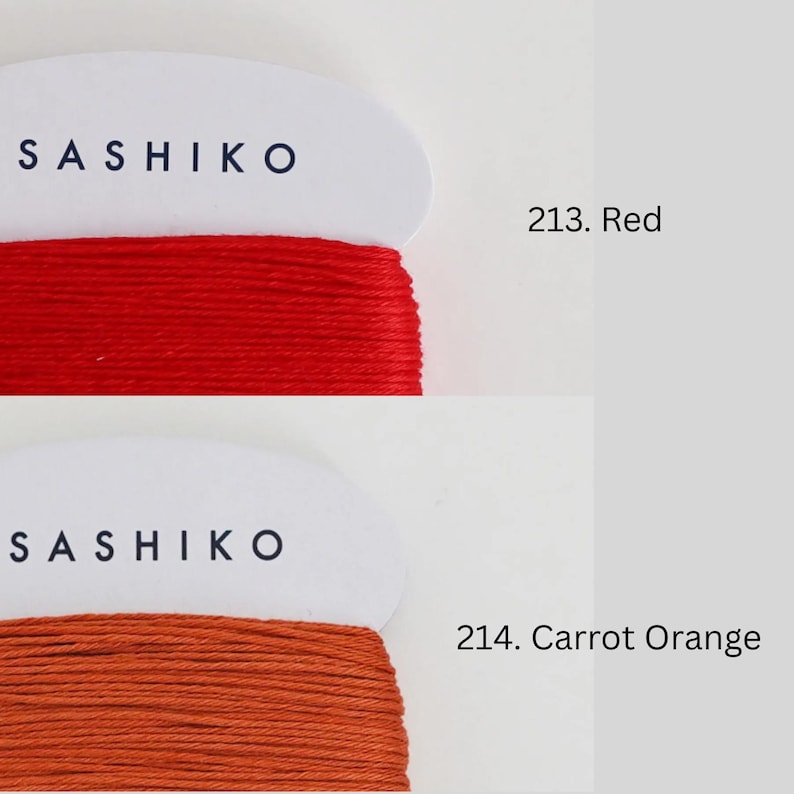 two spools of thread, one with a red color and the other with a carrot orange color. The spools are labeled with the names of the colors, and there is a text next to each spool indicating the color.