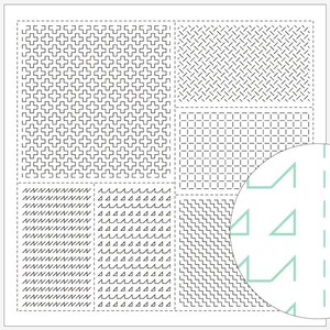Può includere: Un foglio bianco con vari motivi geometrici neri, tra cui croci, linee diagonali e zig-zag. Un inserto circolare mostra un motivo ripetuto di triangoli e linee in un colore verde acqua chiaro.