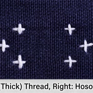 a close-up view of a fabric with a series of white crosses or stitches arranged in a grid pattern. The text below the image provides information about the type of thread used, including the names of the threads: Aibuto (Thick) Thread, Right: Hoso (Fine) Thread.