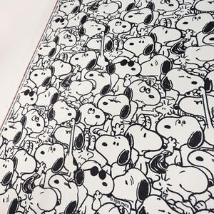 Peut inclure: Un fond blanc est recouvert d'une illustration en noir et blanc de Snoopy de la bande dessinée Peanuts. Certains personnages de Snoopy portent des lunettes de soleil. Le texte "© 2025 PNTS" est visible.