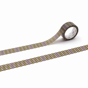 May include: Decorative washi tape roll with a repeating checkered pattern in shades of green, brown, blue, and white. The tape is unrolled in a diagonal line, with the roll visible in the upper right corner. The tape is on a white background.
