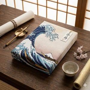 Peut inclure: Une boîte rectangulaire ornée d'un motif de vague japonaise bleu et blanc, avec une petite étiquette attachée. La boîte est posée sur une surface en bois, accompagnée d'un rouleau, d'un pinceau et d'une petite tasse. Une branche de fleurs roses ajoute une touche délicate.