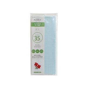 May include: A packaged cross-stitch fabric in light blue, featuring a grid pattern. The packaging includes Japanese text and a graphic of red flowers. The fabric dimensions are approximately 35 x 43 cm.