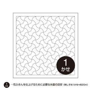 Könnte beinhalten: Ein quadratisches weißes Stoffpaneel mit einem sich wiederholenden schwarzen, gestrichelten Wellenmuster. Ein schwarzer Kreis unten rechts enthält die weiße Zahl 1 und den japanischen Text 1かせ. Darunter steht, dass 1かせ ca. 20m entspricht.