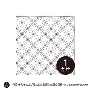 May include: A square white fabric panel featuring a repeating black geometric star pattern. A black circular badge in the bottom right corner displays the white text 1, and a caption below reads 1…花ふきんを仕上げるために必要な糸量の目安 (刺し子糸1かせ=約20m).