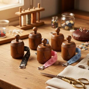 Op de afbeelding: Houten naaibandmaat-houders met een gewelfde bovenkant en een decoratieve basis. Elke houder heeft een meetlint in zwart, roze en blauw. Andere naaibenodigdheden zijn scharen, garenklosjes en een speldenkussen.