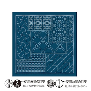 May include: A square dark blue fabric panel featuring white dashed-line geometric patterns including wave, star, and hexagonal motifs. Below the panel, text indicates thread usage: 2 skeins at 20m each or 1 fine ball at 80m.