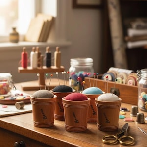 Może przedstawiać: Kolekcja drewnianych poduszek na szpilki z kolorowymi wierzchami i szpilkami. Poduszki znajdują się w małych drewnianych pojemnikach z napisem "Savon". Przybory do szycia i materiały są ułożone na drewnianym stole.