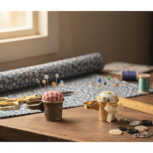 Op de afbeelding: Twee decoratieve speldenkussens met bloemvormige spelden. Eén heeft een rood-wit geruit kussen, de andere een bloemenkussen. Beide zitten in goudkleurige vingerhoeden met een handvat. Naaigerei ligt verspreid.
