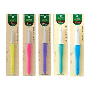 a collection of crochet hooks in various colors, including yellow, pink, purple, blue, and green.
