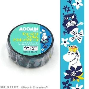a circular object with a label that includes text in Japanese, along with illustrations of Moomin characters. The label also includes the text "WORLD CRAFT" and "Moomin Characters™".
