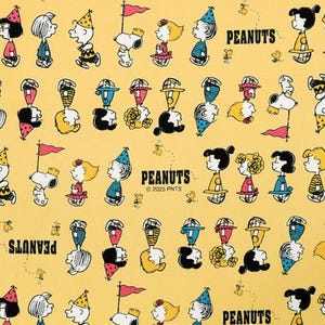 May include: A yellow fabric with a repeating pattern of Peanuts characters. The characters are in various poses, outlined in black with red, blue, and yellow accents. The word "PEANUTS" is printed in black, along with copyright information.