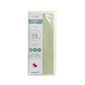 May include: A package containing olive green cross stitch fabric. The package includes text in Japanese, with details about the fabric's count and dimensions, approximately 13.8 x 16.9 inches. The fabric is designed for counted cross-stitch projects.