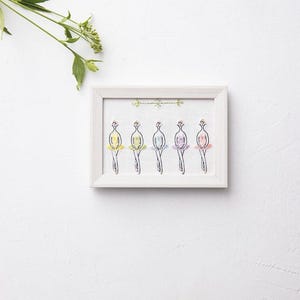 以下が含まれることがあります： カラフルなチュチュを着たバレリーナの刺繍が施された、額装されたアートワーク。 各バレリーナは、黄色、緑、青、紫、ピンクの異なる色のチュチュを着ています。 フレームは白で、背景は無地の白です。
