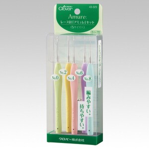 May include: A set of five crochet hooks in a clear plastic case. The hooks have colorful handles in shades of yellow, pink, purple, and blue. The packaging includes Japanese text and the Clover logo. Each hook is labeled with a size.