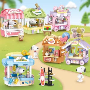 May include: A selection of Snoopy-themed miniature shops, including a milk tea shop, portrait shop, candy cart, popcorn stand, beach shop, and balloon stand. Each shop is brightly coloured and features Snoopy figures and accessories.
