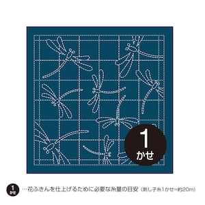 Op de afbeelding: Een donkerblauw vierkant stoffen paneel met een wit gestippeld ruitpatroon en witte gestippelde libellencontouren. Een zwarte ronde badge toont het witte cijfer 1 en Japanse tekst voor streng. Tekst onderaan geeft aan 1 streng = 20m.