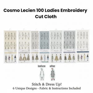Puede incluir: Cosmo Lecien 100 Ladies Embroidery Cut Cloth. La imagen muestra seis paquetes de tela con ilustraciones de vestidos de mujer. El texto "Stitch & Dress Up!" también es visible. Cada paquete contiene diseños e instrucciones únicos.