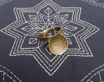 Sashiko Thimble Little House Brass Ring: Palm Shape (Adjustable Size)