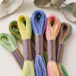 Puede incluir: Una colección de madejas de hilo de bordar de colores. El hilo es de algodón de seis hebras y viene en tonos verdes, amarillos, azules y rosas. El embalaje dice "Seasons Collection" y "Premium Six-Strand Cotton".
