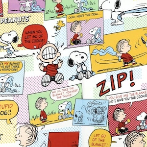 Op de afbeelding: Een kleurrijk stripverhaalpatroon met Snoopy, Charlie Brown en andere Peanuts-personages. De panelen bevatten tekstballonnen met zinnen als "STUPID DOG!!" en "ZIP!". De achtergrond heeft een stippenpatroon.