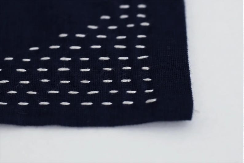 A close-up view of a dark fabric with white stitching, creating a patterned design.