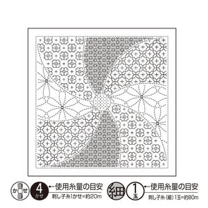 May include: A square fabric panel featuring a black and white printed pattern of geometric shapes and floral motifs arranged in a pinwheel design. Below the panel, text and icons indicate thread usage requirements for embroidery projects.