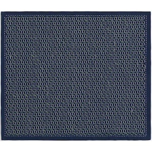 May include: A navy blue square textile with a repeating geometric pattern in white and light green. The edges are finished with a white stitched border. The design is a detailed, all-over pattern.