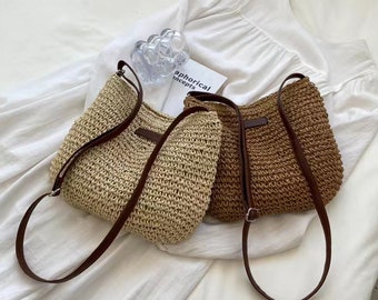 Handmade straw handbag, summer woman shoulder woven bag, beach tote bag, large capacity casual tote purses, beige Straw Purse, gift for her