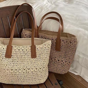 Handmade straw handbag, summer woman shoulder woven bag, beach tote bag, large capacity casual tote purses, Straw Purse, gift for her