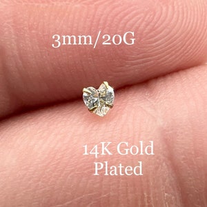 ゴールド ダイヤモンド ハート ノーズスタッド ノーズリング 14K ゴールドメッキ ピン ノーズピアス ジュエリー 鼻骨 鼻孔 スタッド CZ プロングセット 上品な愛 3 mm 20G