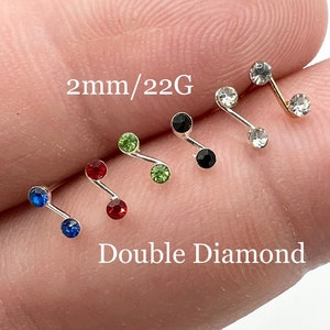 Tiny Double Diamond Nose Stud Nose Ring Thin Nose Piercing Sterling Silver Black, Blue, Red, Clear, Pink, Gold 2mm 22G 22 Gauge