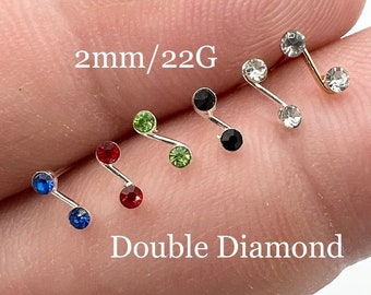 Tiny Double Diamond Nose Stud Nose Ring Thin Nose Piercing Sterling Silver Black, Blue, Red, Clear, Pink, Gold 2mm 22G 22 Gauge