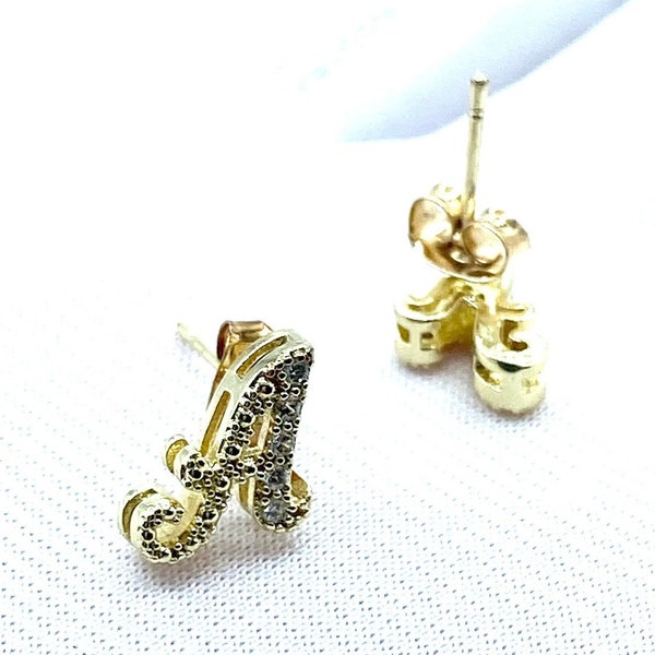 Diamond Initial Stud Earring Letter Studs 24KT Gold Filled Small Earrings Alphabet Butterfly Back