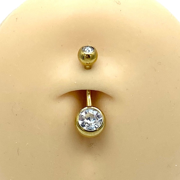 Gold with Clear Diamond Belly Ring Belly Button Piercing Naval Body Jewelry Balls 316L Surgical Steel