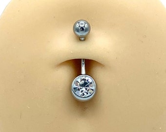 Silver with Clear Diamond Belly Ring Belly Button Piercing Naval Body Jewelry Balls 316L Surgical Steel