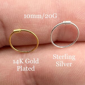 Thin Small Sterling Silver Gold Spring Closure, Twisted, Cartilage Earring Helix Ring Hoop Tragus Ring Nose Hoop Ring 20G 10mm