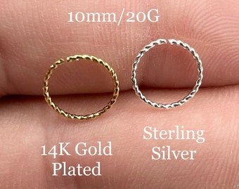 Thin Small Sterling Silver Gold Textured, Twisted, Diamond Cut Cartilage Earring Helix Ring Hoop Tragus Ring Nose Hoop Ring 20G 10mm