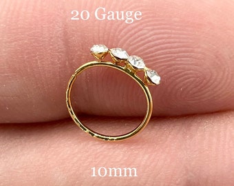 Anillo de nariz abierto de oro pequeño y fino, aro ajustable con diamantes CZ, pendiente de cartílago, anillo de hélice, anillo de tragus, aro de nariz de 10mm, 20G, calibre 20