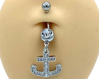 Silver Diamond Anchor Belly Ring Dangle Charm Belly Button Piercing Naval Body Jewelry Silver Balls 316L Surgical Steel