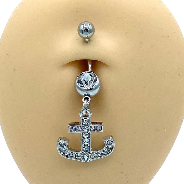 Silver Diamond Anchor Belly Ring Dangle Charm Belly Button Piercing Naval Body Jewelry Silver Balls 316L Surgical Steel