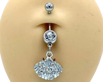 Silver Diamond Seashell Belly Ring Dangle Charm Belly Button Piercing Naval Body Jewelry Silver Balls 316L Surgical Steel