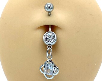 Silver Diamond Belly Ring Dangle Charm Belly Button Piercing Naval Body Jewelry Silver Balls 316L Surgical Steel