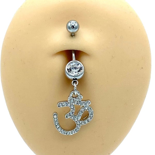 Silver Diamond Om Aum Hindu Symbol Belly Ring Dangle Charm Belly Button Piercing Naval Body Jewelry Silver Balls 316L Surgical Steel