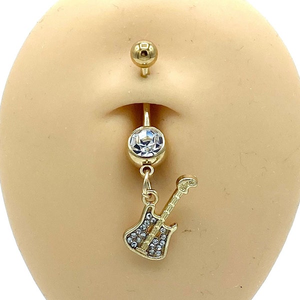 Gold Diamond Guitar Belly Ring Dangle Charm Belly Button Piercing Naval Body Jewelry Gold Balls 316L Surgical Steel