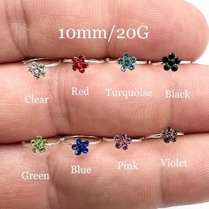 10mm 20 Gauge Sterling Silver Nose Ring Hoop Flower CZ Diamond Studs Nose Pin Bendable Open Hoop Ear Cartilage Eyebrow Hypoallergenic