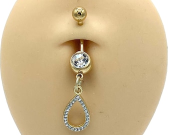 Gold Diamond Teardrop Belly Ring Dangle Charm Belly Button Piercing Naval Body Jewelry Gold Balls 316L Surgical Steel