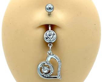 Diamante de plata Corazón Anillo del vientre Colgante Encanto Ombligo Piercing Cuerpo Naval Joyas Bolas de Plata 316L Acero Quirúrgico
