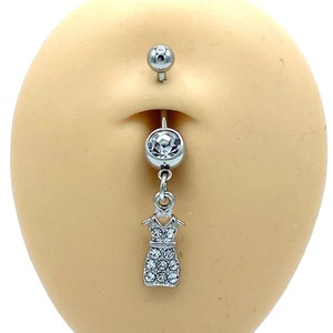 Silver Diamond Women&#39;s Dress Belly Ring Dangle Charm Belly Button Piercing Naval Body Jewelry Silver Balls 316L Surgical Steel