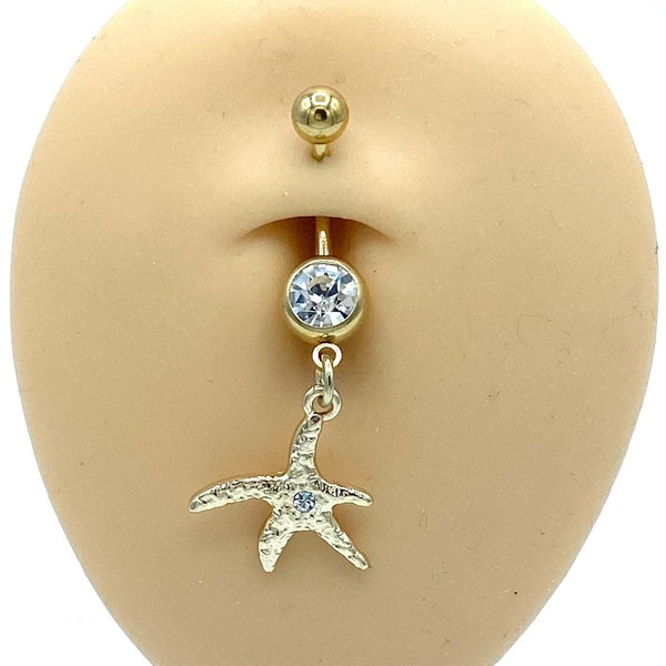 Gold Diamond Starfish Belly Ring Dangle Charm Belly Button Piercing Naval Body Jewelry Gold Balls 316L Surgical Steel